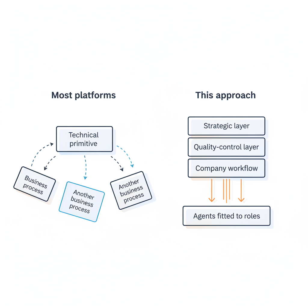 A two-column comparison on light paper. Left column labeled 'Most platforms' shows a single 'Technical primitive' box with arrows pointing outward to scattered 'Business process' l